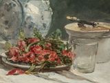 a painting of a plate of flowers and a vase on a table