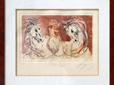 une image représentant un tableau avec trois chevaux, dans un cadre en bois