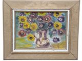 an oil painting of a vase with flowers in it on a table