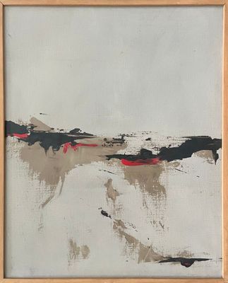 abstract painting of black and white and red paint on a white background