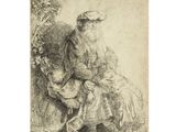 un dessin représentant un vieil homme et une femme assis sur un banc