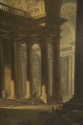 tableau représentant un vieux bâtiment avec de nombreuses colonnes et des personnes assises sur les marches