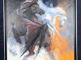 painting of a horse on a easel against a blue backdrop