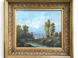 une peinture à l'huile représentant un paysage de montagne avec une rivière et un pont