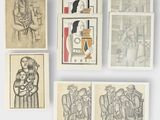 six dessins représentant des personnes dans différentes poses sur une surface blanche