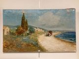 a painting on the wall of a room with a horse and carriage on the road