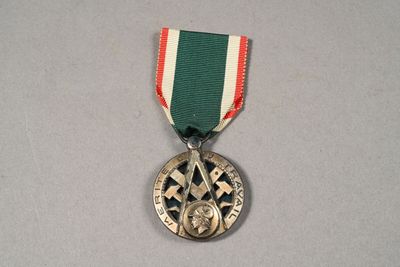 medals are displayed on a white surface with a red, white, and green ribbon