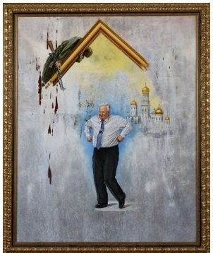 a painting of a man standing in front of a picture of a building