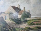 un tableau représentant une maison sur une colline au bord de l'eau