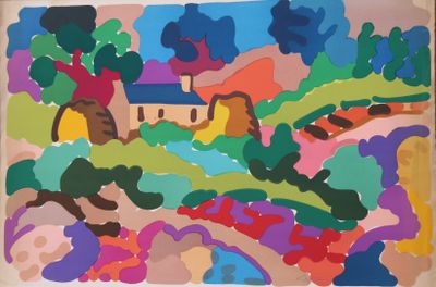 une peinture d'une maison au milieu d'un champ