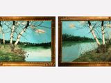 two paintings of trees and a body of water in a gold frame