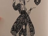 a drawing of a woman in a long dress holding a fan