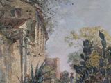 une peinture représentant une maison et un cactus au bord de la route