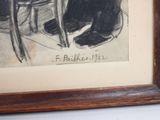 drawing of a man sitting at a table with his feet on a chair