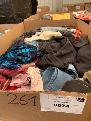 a cardboard box filled with clothes and other items