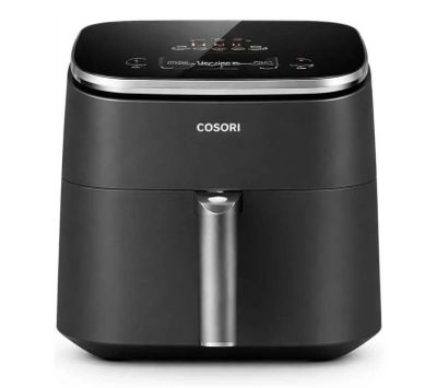 a black and silver air fryer sitting on top of a white surface