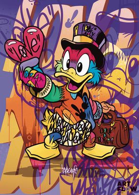 graffiti représentant un canard de dessin animé avec un chapeau et une valise