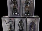 six action figures of a man with a sword and a sword in a box