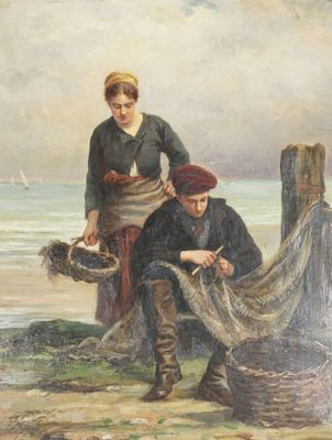 tableau représentant un couple assis sur une plage au bord d'un plan d'eau