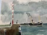 a painting of a boat in the water near a lighthouse