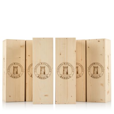 a group of three wooden boxes with a logo on them