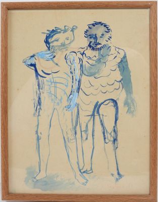 painting of a man and a woman standing next to each other in a wooden frame