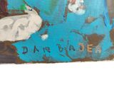 a painting of a duck on a blue background