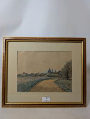 two framed watercolors of a landscape with trees and a road