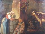 a painting of a man and a woman in a barn with a cow