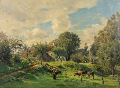 un tableau représentant des vaches paissant dans un champ près d'une maison