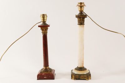 pair of antique brass and marble lamps on marble bases