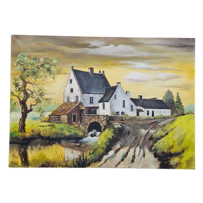 une peinture représentant une maison blanche au bord de la route
