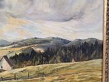 an oil painting of a farm scene with a white house in the distance