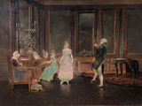 a painting of a group of people sitting around a table