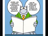 dessin humoristique représentant un homme en train de lire un livre, avec deux bulles de dialogue au-dessus de sa tête