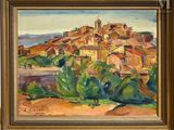 an image of a painting of a village on a hill