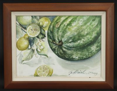 J. ABRIAL (XXe): "Nature-morte aux fruits", huile sur carton…
