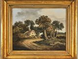 a painting of a country road with a house in the background