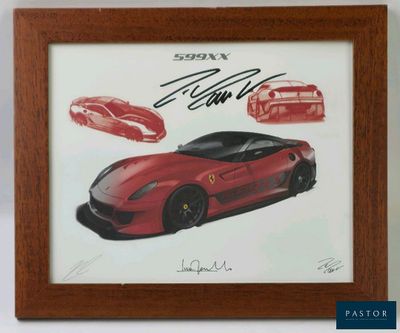 signed autograph of a red sports car in a wooden frame
