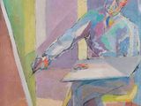 tableau représentant une femme assise à une table, un couteau à la main