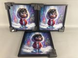 a couple of pictures of a boy in a red coat and a girl in a red coat