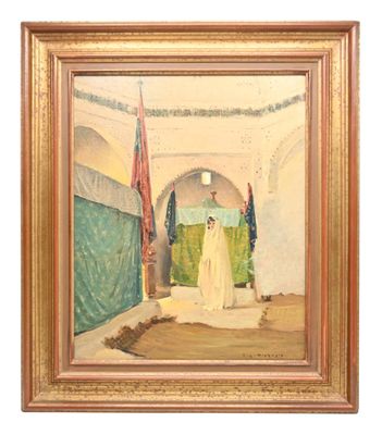 une peinture à l'huile représentant une femme en robe blanche debout dans une pièce
