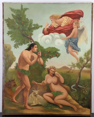 une image représentant un tableau où figurent deux hommes et une femme dans un champ