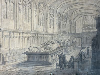 a drawing of a large room with a statue in it