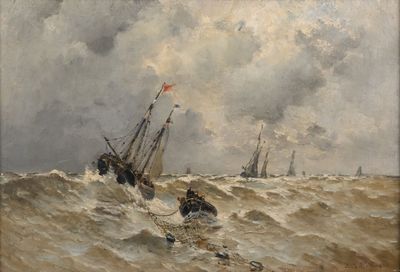 une peinture représentant un bateau dans l'eau avec d'autres bateaux à l'arrière-plan