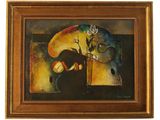 tableau représentant une nature morte avec un vase de fruits et une rose dans un vase