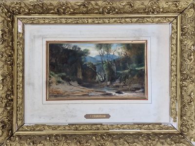 une peinture à l'huile représentant un paysage avec des arbres et une rivière