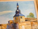 une peinture représentant un bâtiment surmonté d'une horloge