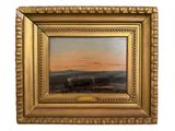 an image of a painting of a sunset with a herd of cattle