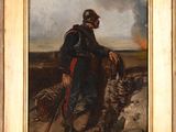 an image of a painting of a man with a horse and a dog